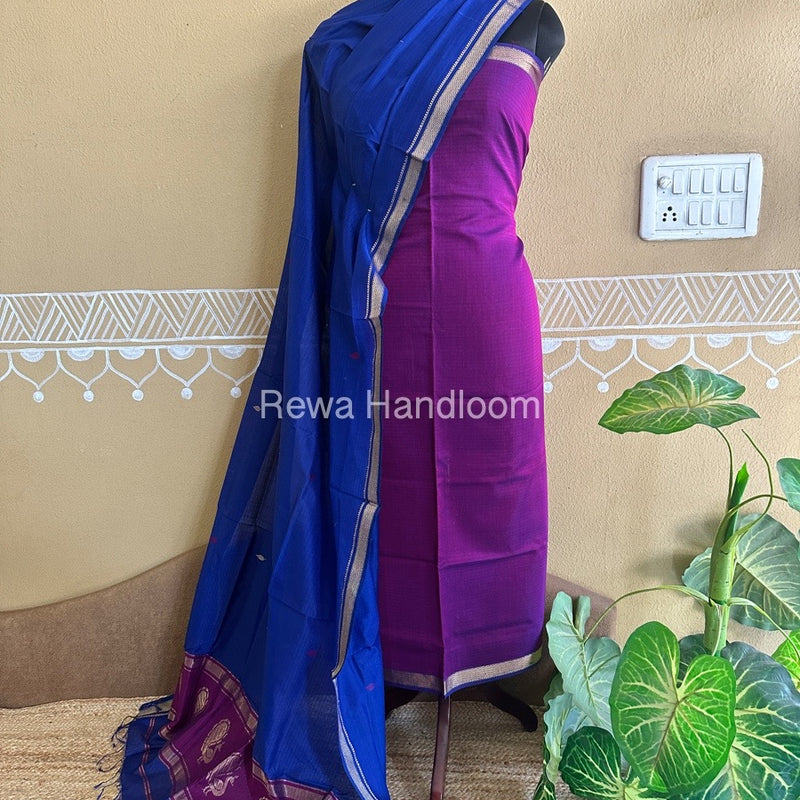 Maheshwari Magenta-Navy Blue Peacock Buta-Buti Top-Dupatta Set BTP0247