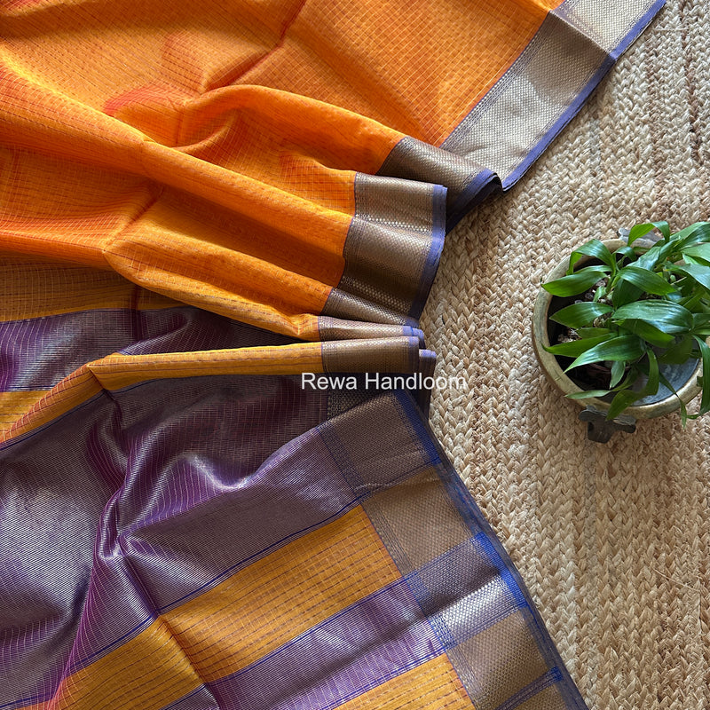 Maheshwari Golden Yellow Zari Checks Saree ZCHX490