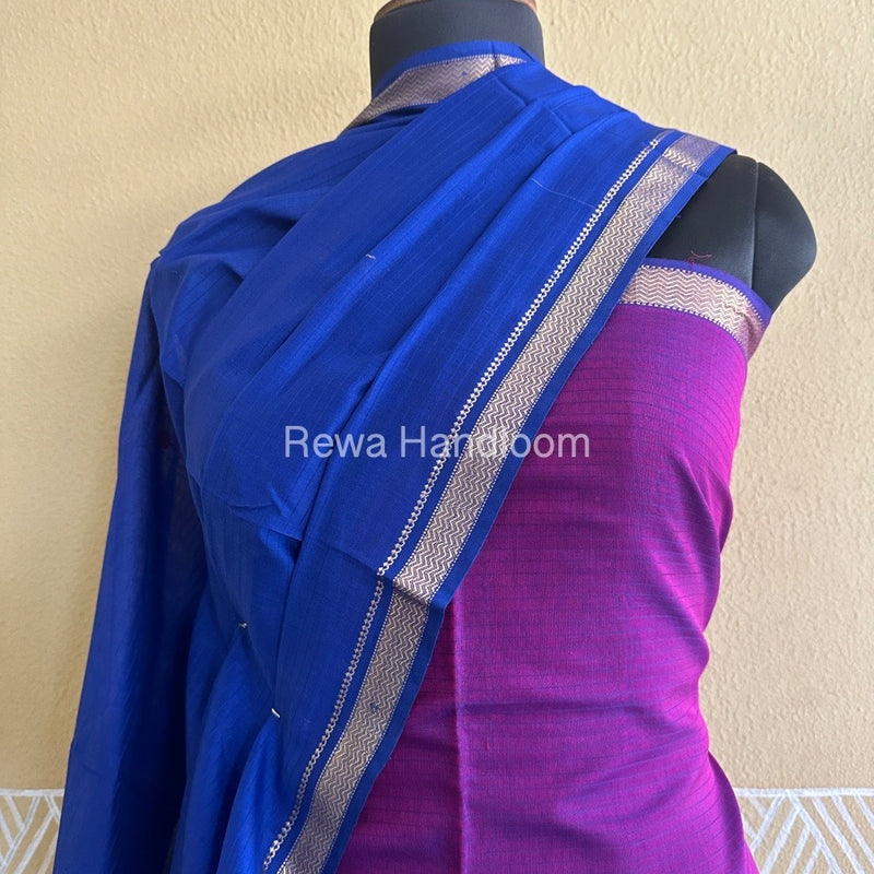 Maheshwari Magenta-Navy Blue Peacock Buta-Buti Top-Dupatta Set BTP0247