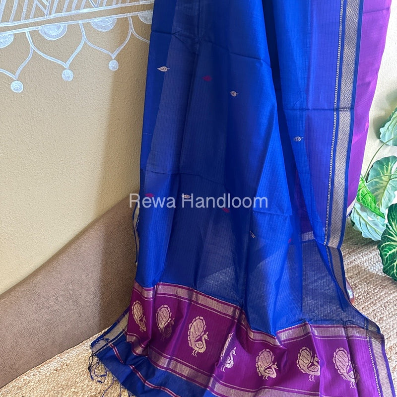 Maheshwari Magenta-Navy Blue Peacock Buta-Buti Top-Dupatta Set BTP0247