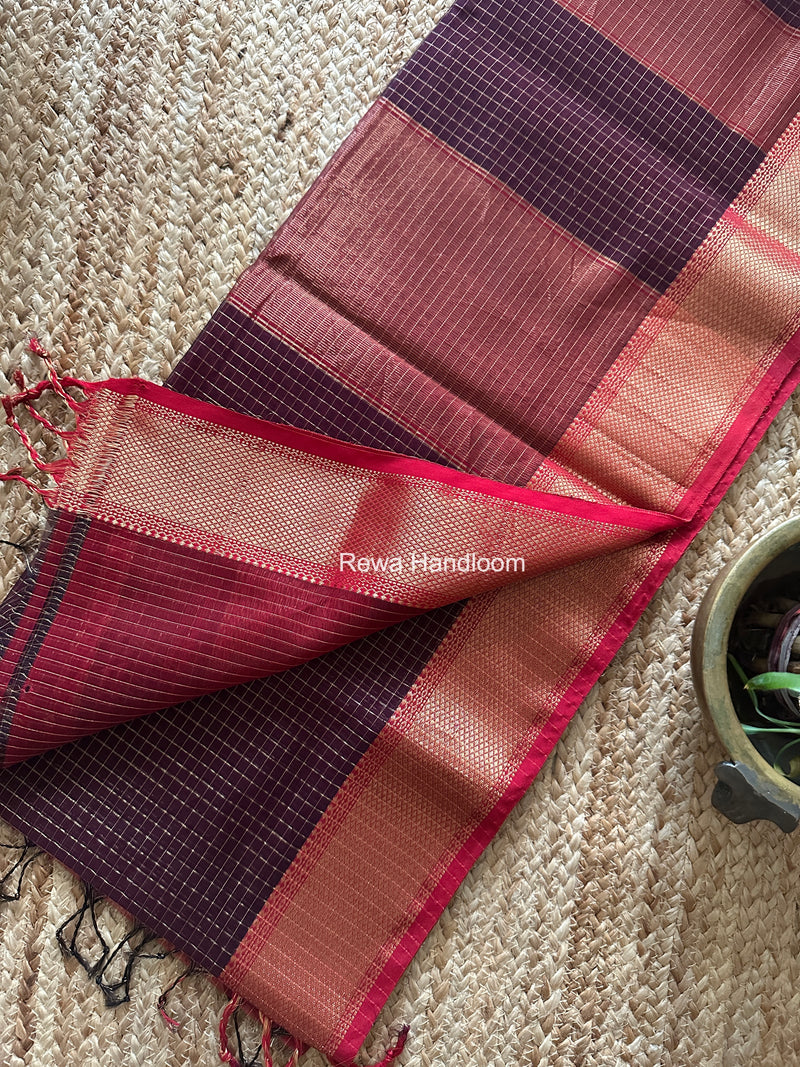 Maheshwari Wine Zari Checks Saree ZCHX447