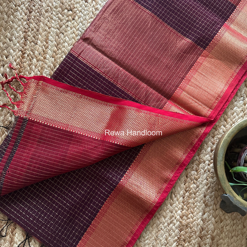 Maheshwari Wine Zari Checks Saree ZCHX447