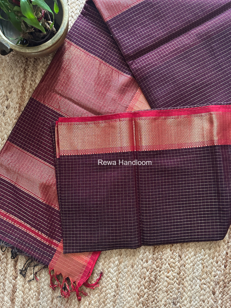 Maheshwari Wine Zari Checks Saree ZCHX447
