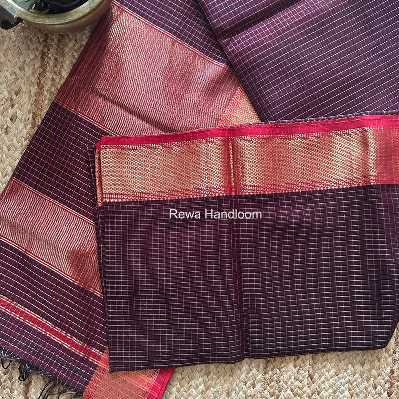Maheshwari Wine Zari Checks Saree ZCHX447