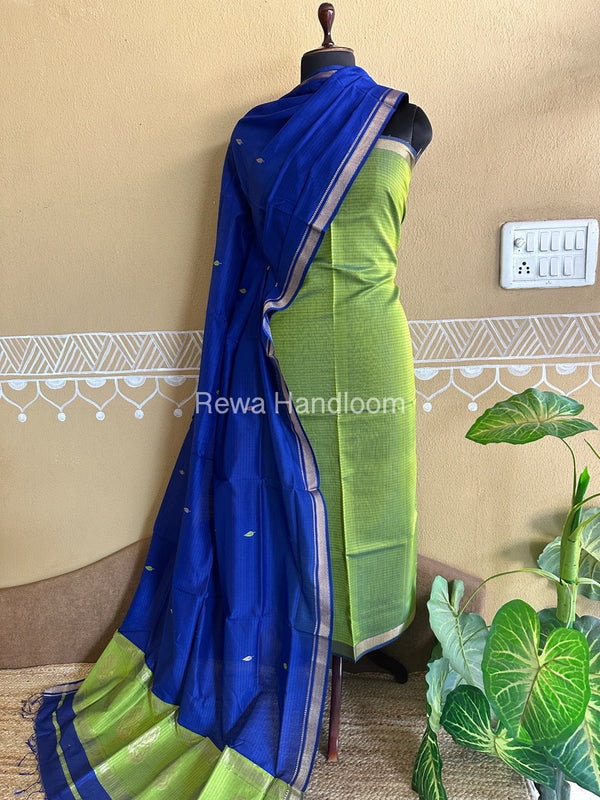 Maheshwari Parrot Green-Dark Blue Peacock Buta-Buti Top-Dupatta Set BTP0249
