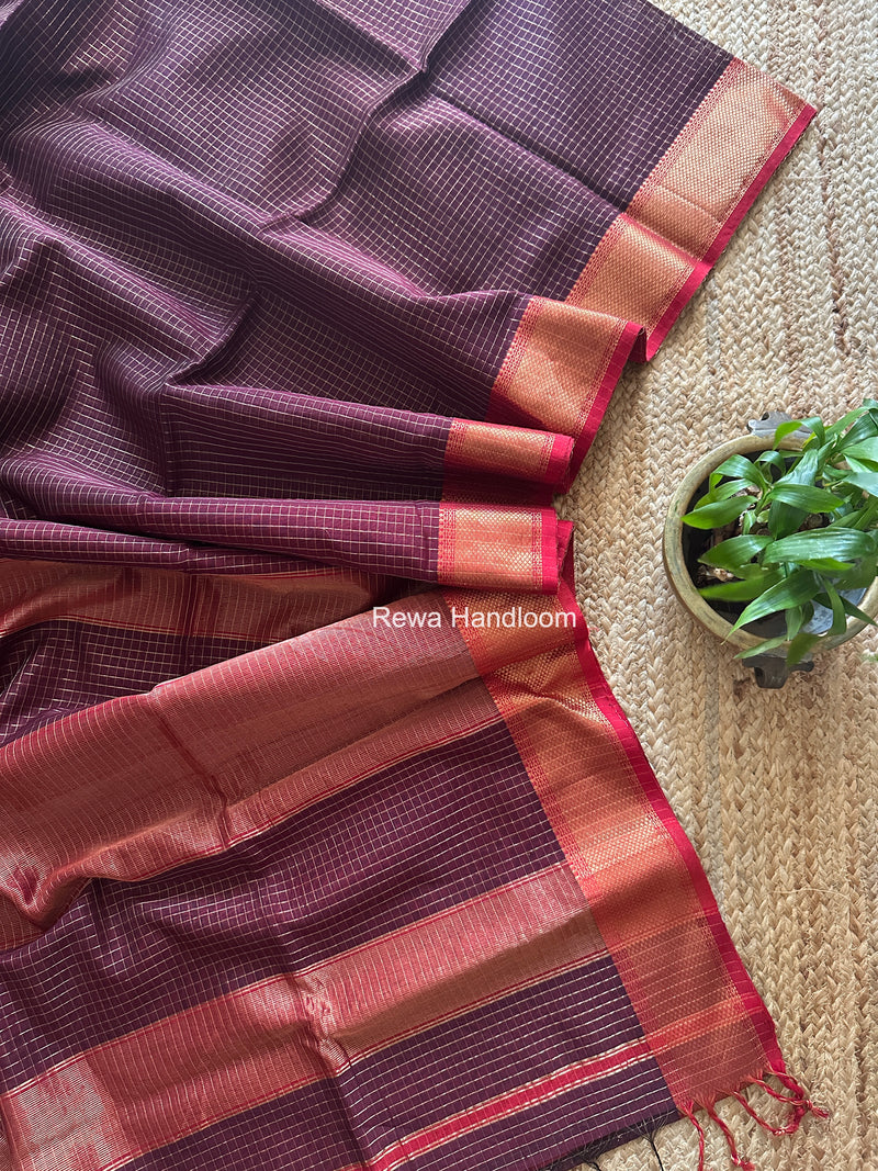 Maheshwari Wine Zari Checks Saree ZCHX447
