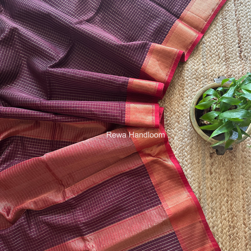 Maheshwari Wine Zari Checks Saree ZCHX447