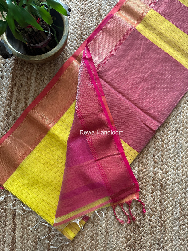 Maheshwari Yellow Zari Checks Saree ZCHX446