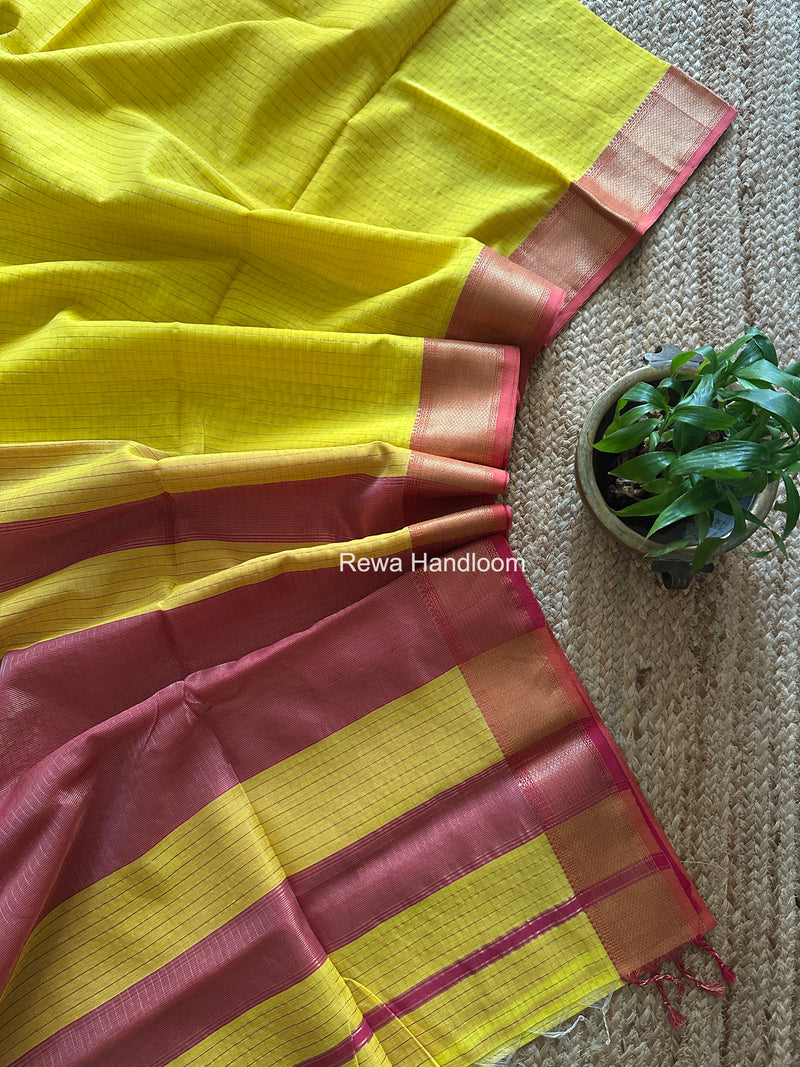 Maheshwari Yellow Zari Checks Saree ZCHX446
