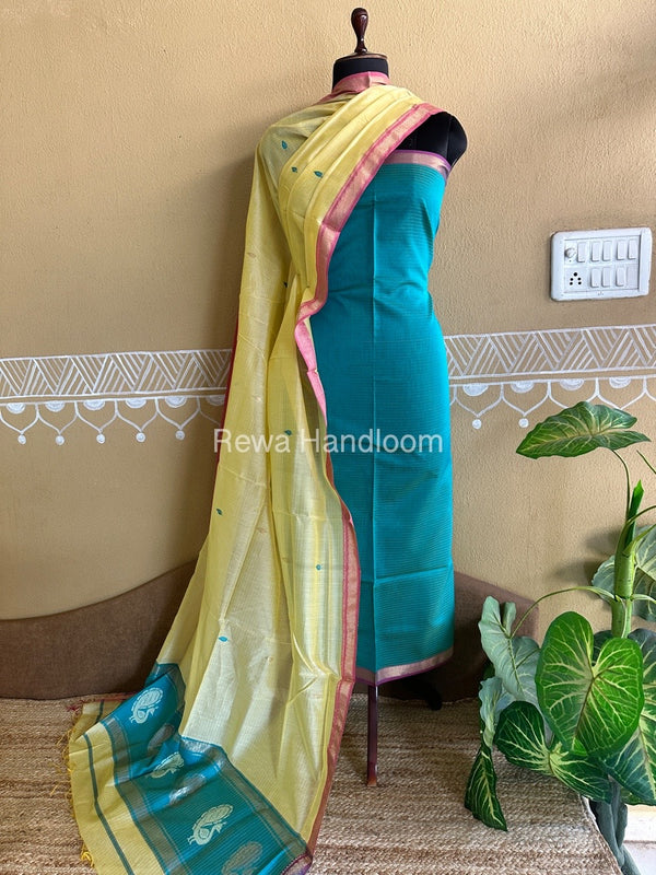 Maheshwari Sea Green-Light Yellow Peacock Buta-Buti Top-Dupatta Set BTP0263