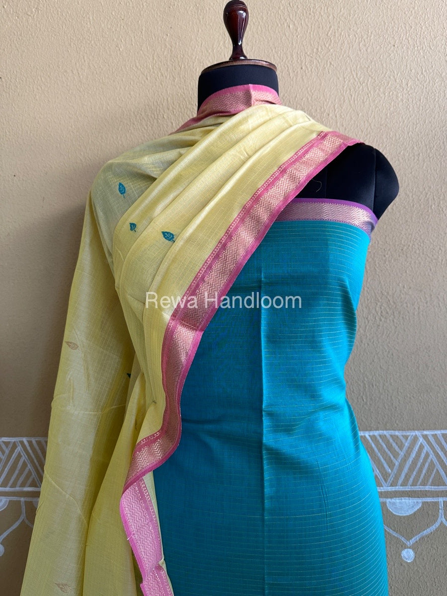 Maheshwari Sea Green-Light Yellow Peacock Buta-Buti Top-Dupatta Set BTP0263