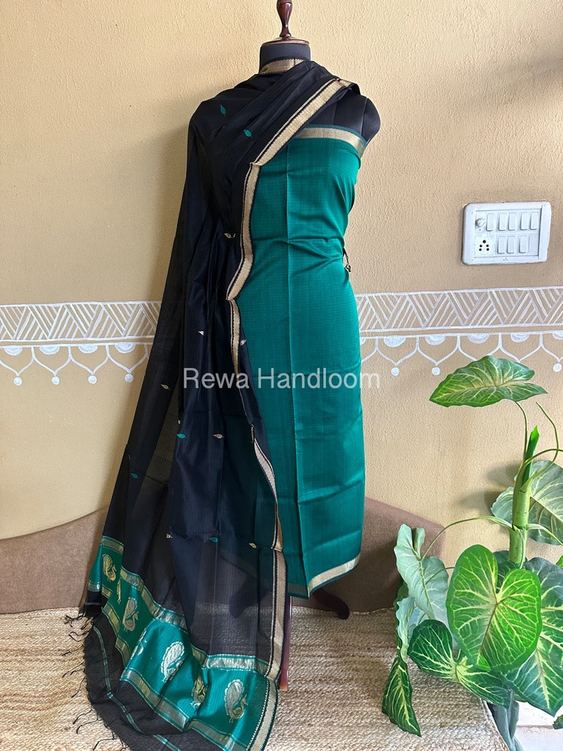 Maheshwari Green-Black Peacock Buta-Buti Top-Dupatta Set BTP0222