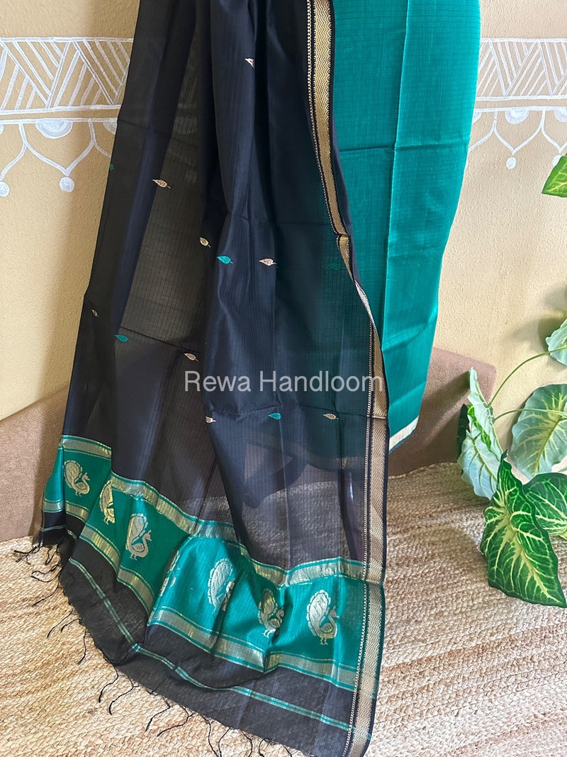 Maheshwari Green-Black Peacock Buta-Buti Top-Dupatta Set BTP0222