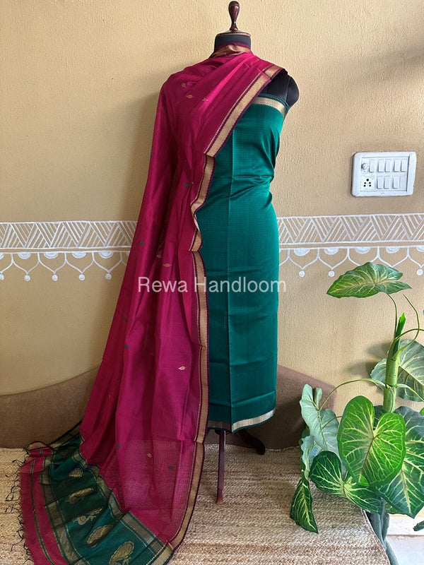 Maheshwari Green-Rani Pink Peacock Buta-Buti Top-Dupatta Set BTP0245