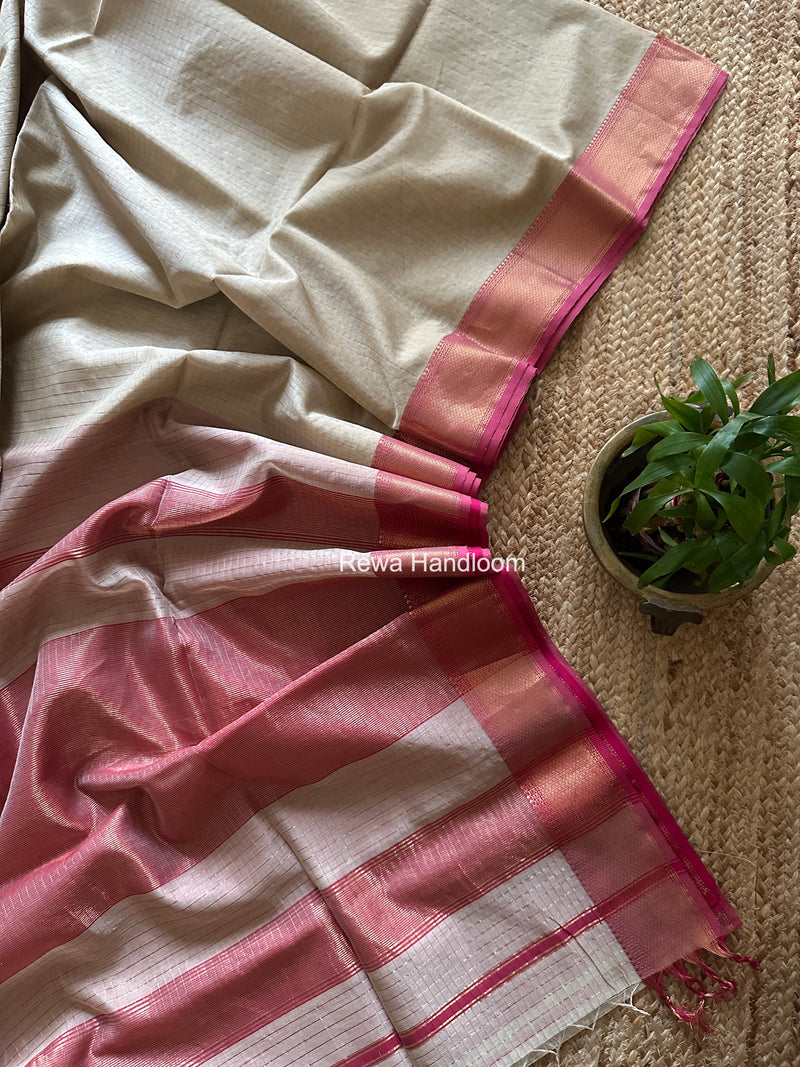 Maheshwari Beige Zari Checks Saree ZCHX448
