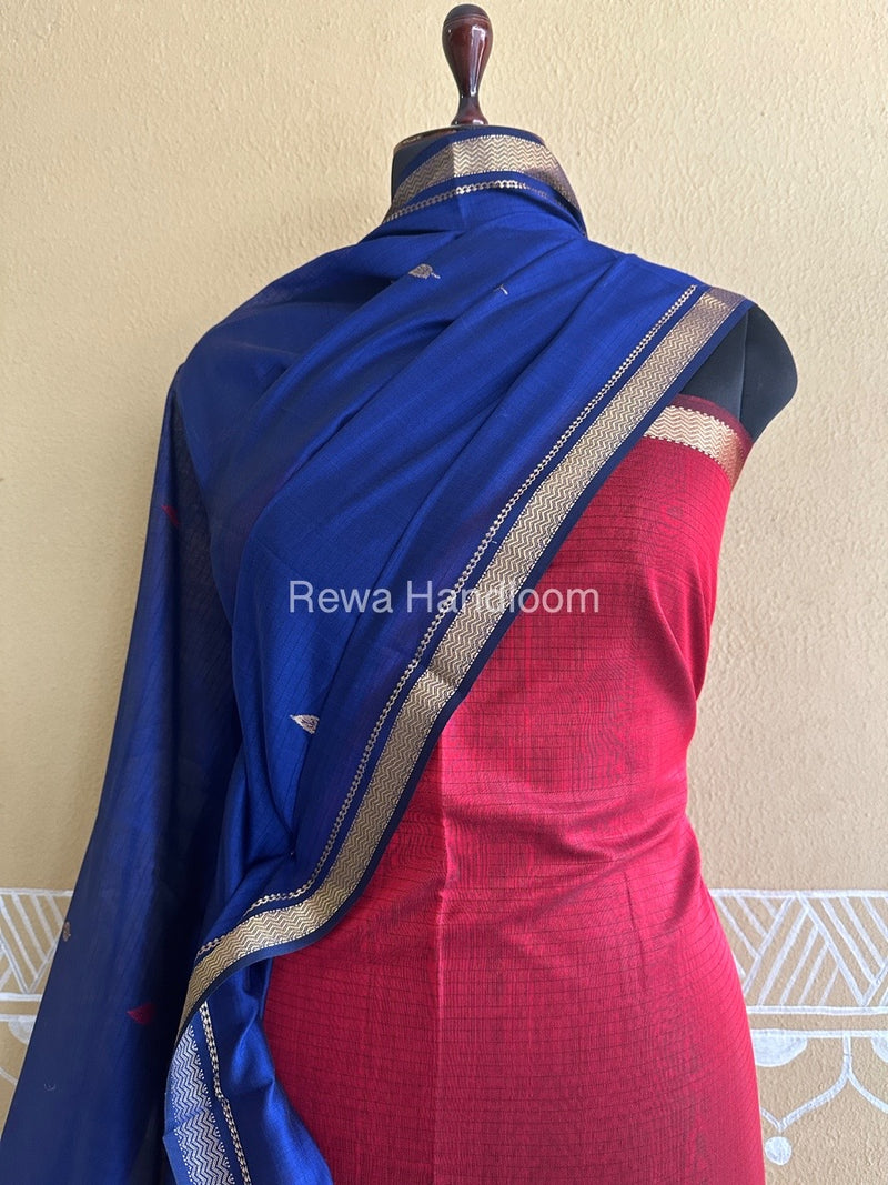 Maheshwari Red-Blue Peacock Buta-Buti Top-Dupatta Set BTP0243