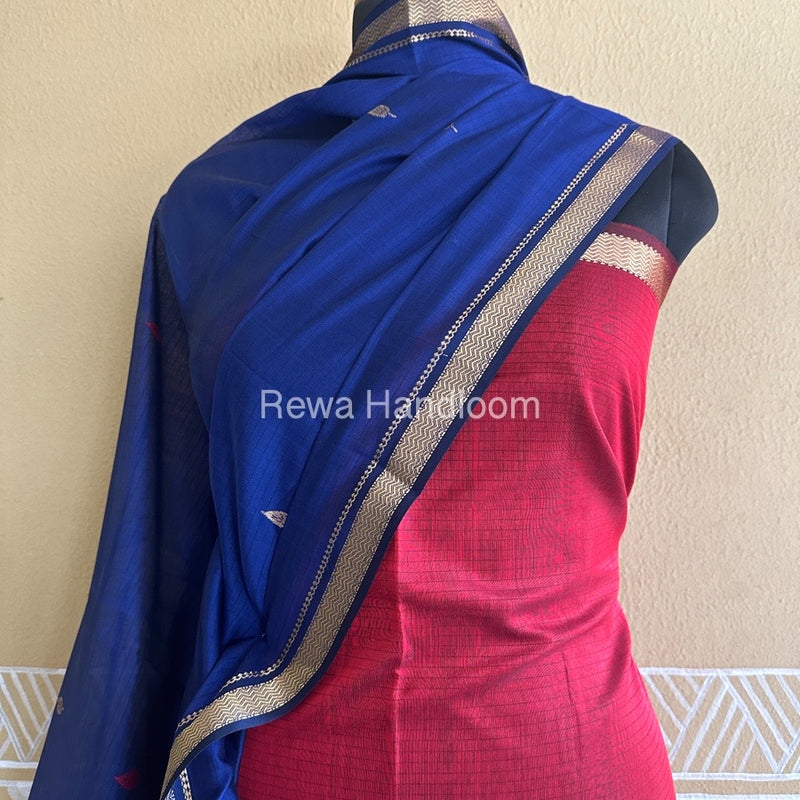 Maheshwari Red-Blue Peacock Buta-Buti Top-Dupatta Set BTP0243