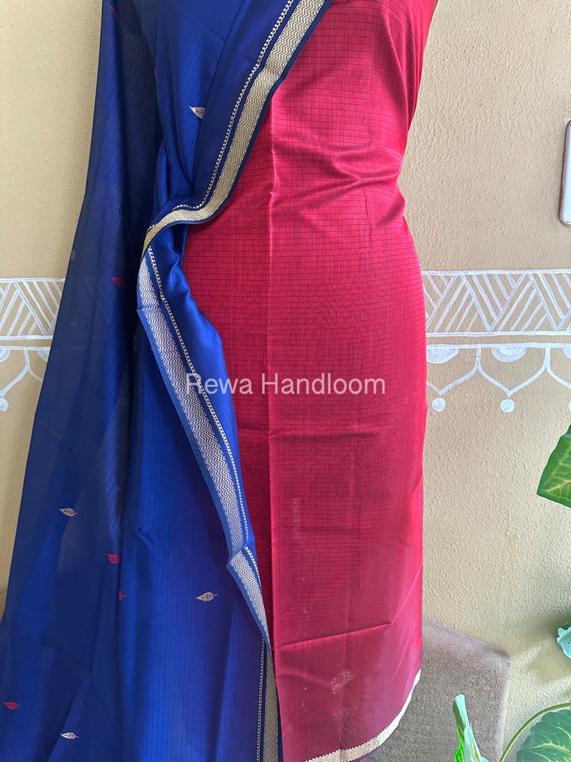 Maheshwari Red-Blue Peacock Buta-Buti Top-Dupatta Set BTP0243