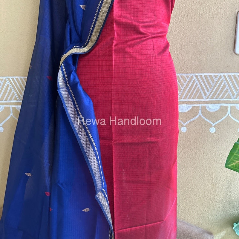 Maheshwari Red-Blue Peacock Buta-Buti Top-Dupatta Set BTP0243