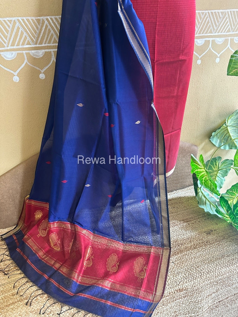 Maheshwari Red-Blue Peacock Buta-Buti Top-Dupatta Set BTP0243