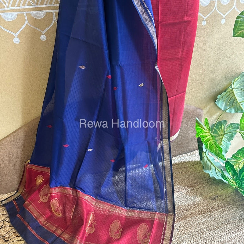 Maheshwari Red-Blue Peacock Buta-Buti Top-Dupatta Set BTP0243
