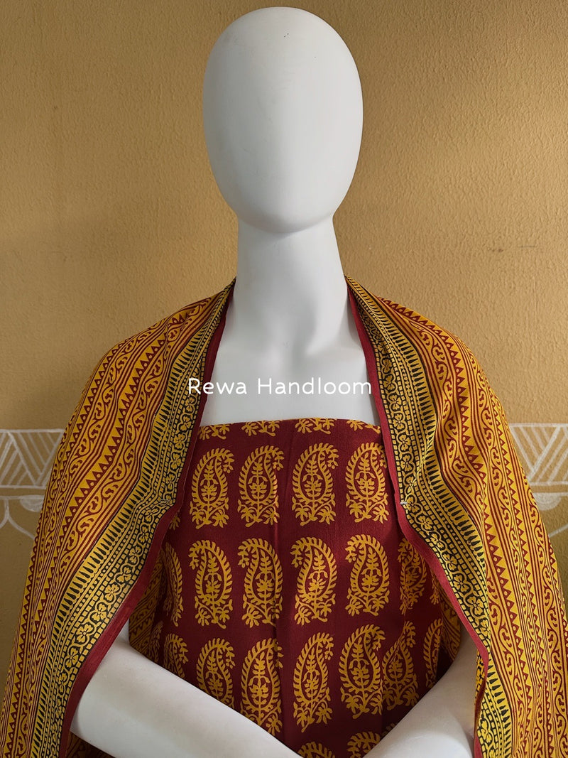 Maroon-Yellow Bagh Print Cotton Suit BGCSJ093