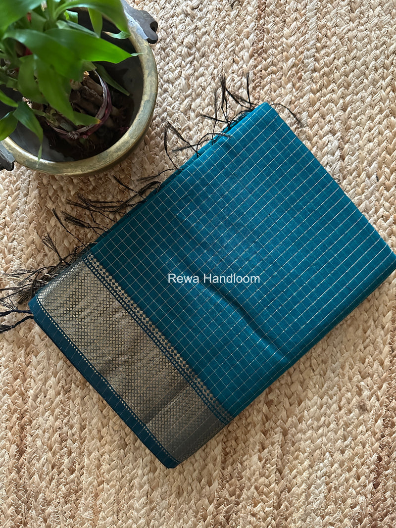 Maheshwari Dark Aqua Green Zari Checks Saree ZCHX441