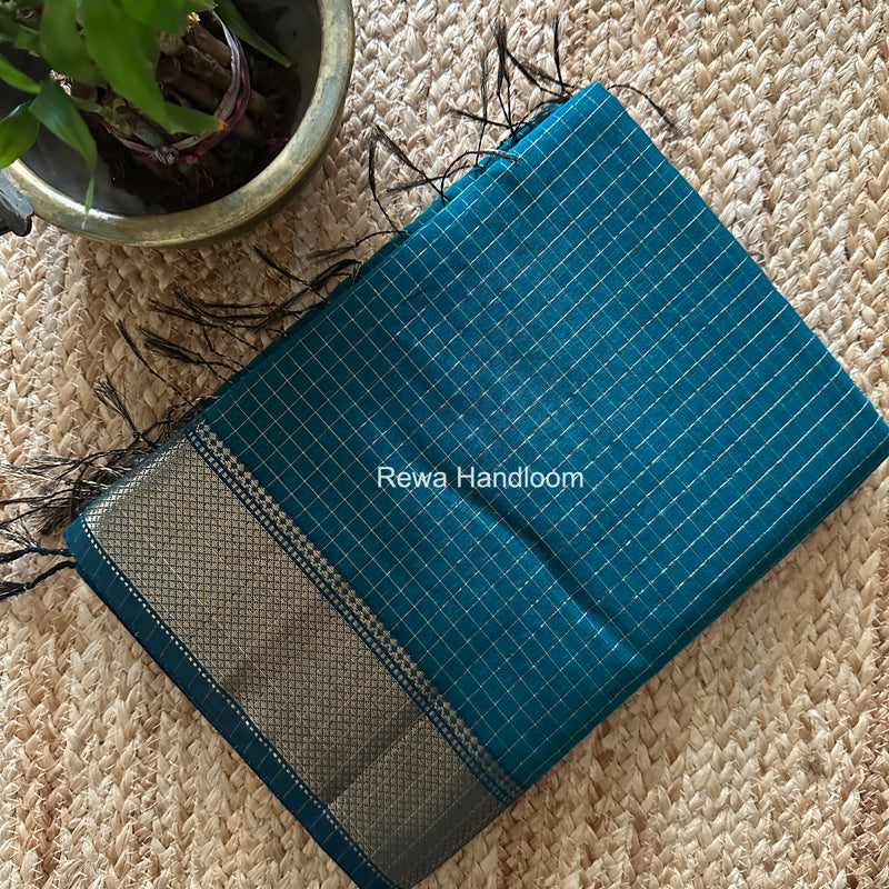 Maheshwari Dark Aqua Green Zari Checks Saree ZCHX441
