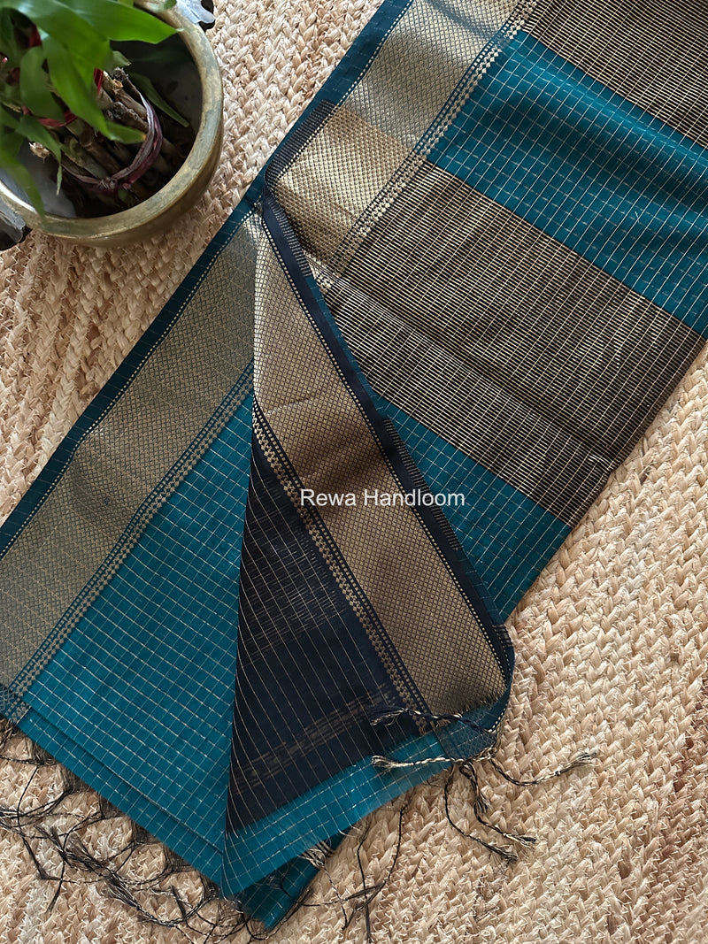 Maheshwari Dark Aqua Green Zari Checks Saree ZCHX441
