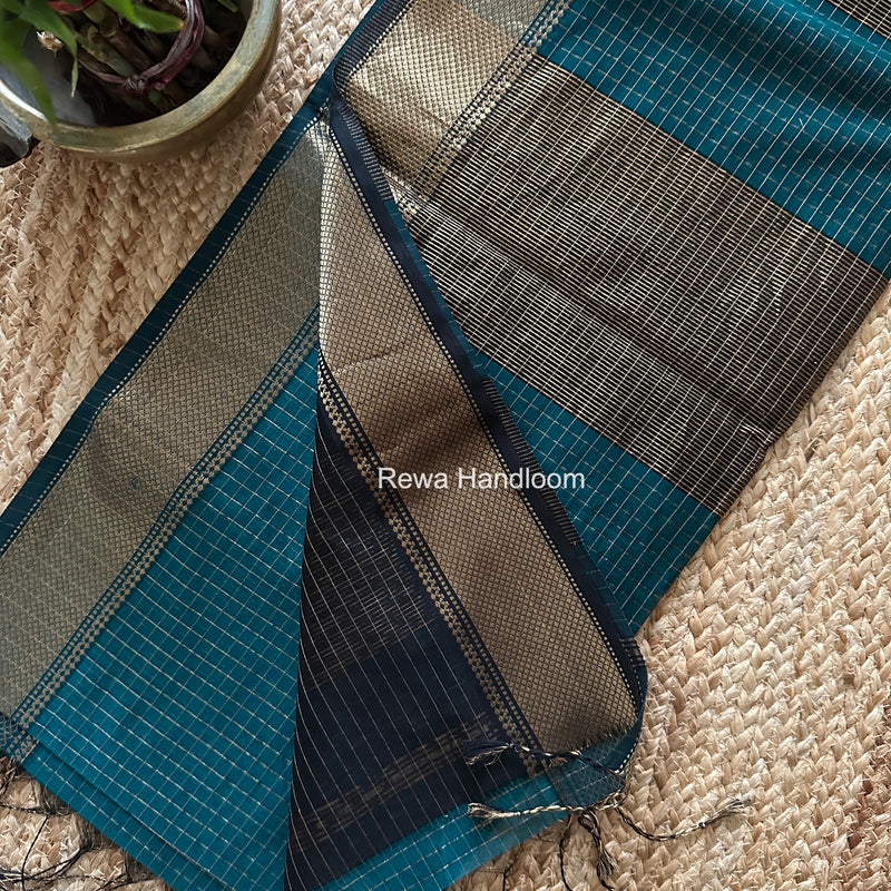 Maheshwari Dark Aqua Green Zari Checks Saree ZCHX441