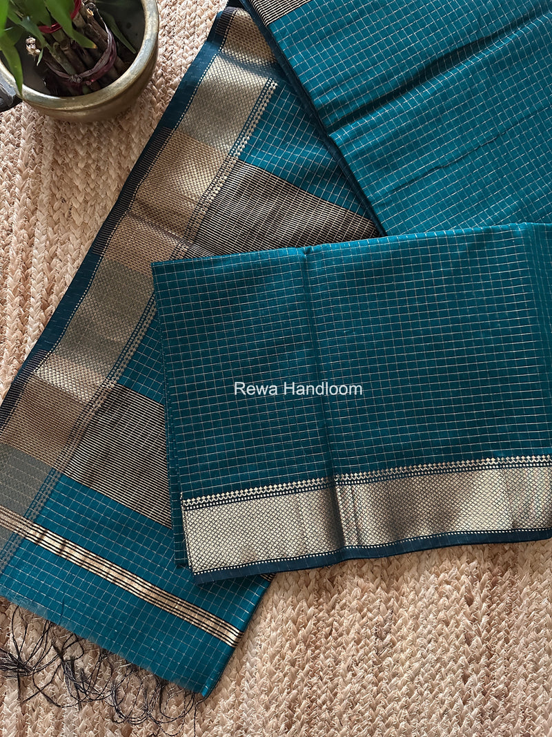 Maheshwari Dark Aqua Green Zari Checks Saree ZCHX441