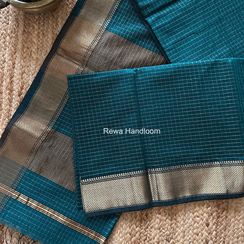 Maheshwari Dark Aqua Green Zari Checks Saree ZCHX441