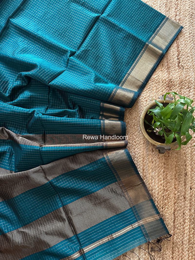 Maheshwari Dark Aqua Green Zari Checks Saree ZCHX441