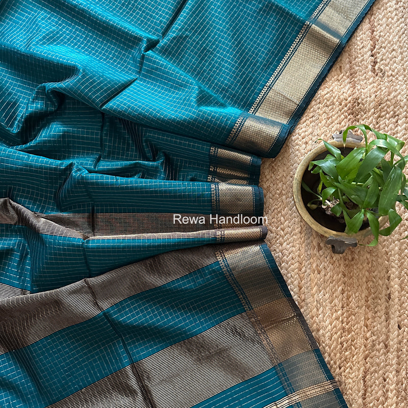 Maheshwari Dark Aqua Green Zari Checks Saree ZCHX441