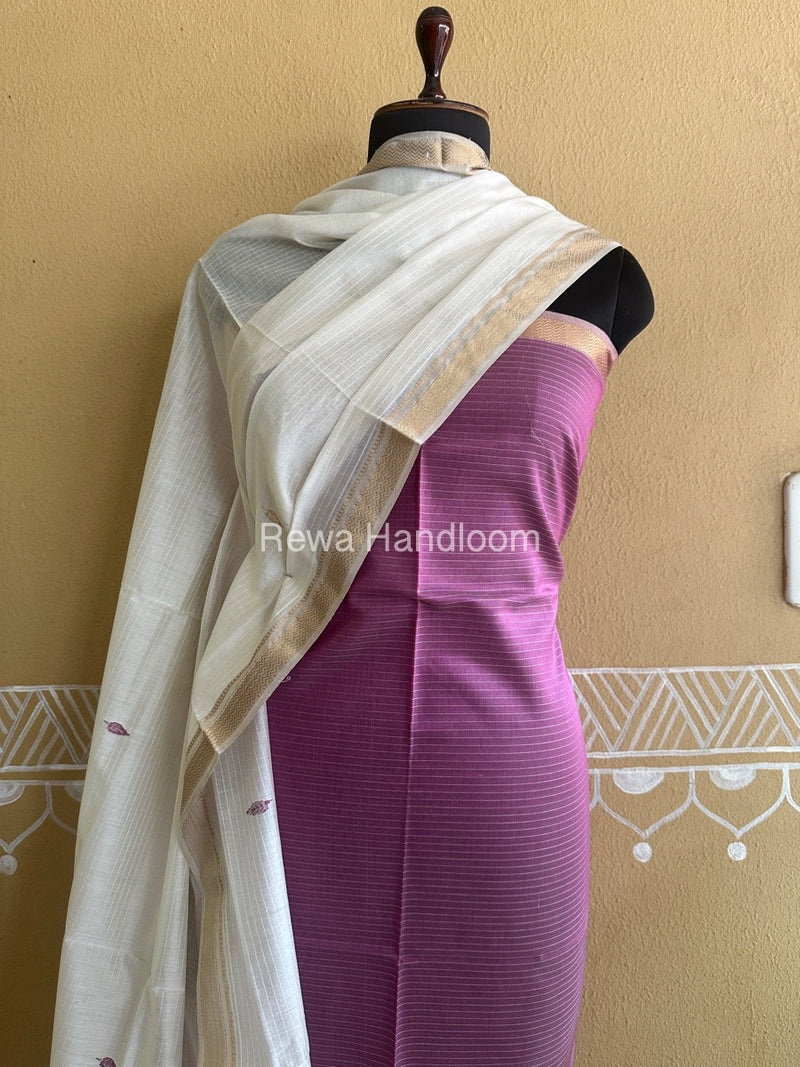 Maheshwari Onion Pink-White Peacock Buta-Buti Top-Dupatta Set BTP0234