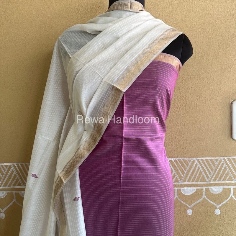 Maheshwari Onion Pink-White Peacock Buta-Buti Top-Dupatta Set BTP0234