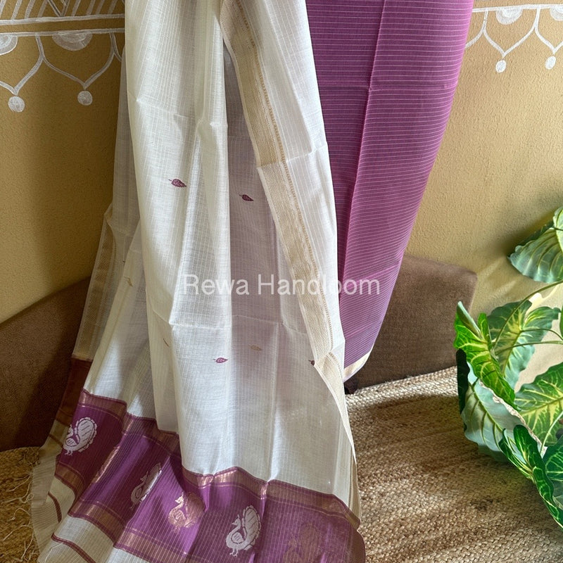 Maheshwari Onion Pink-White Peacock Buta-Buti Top-Dupatta Set BTP0234