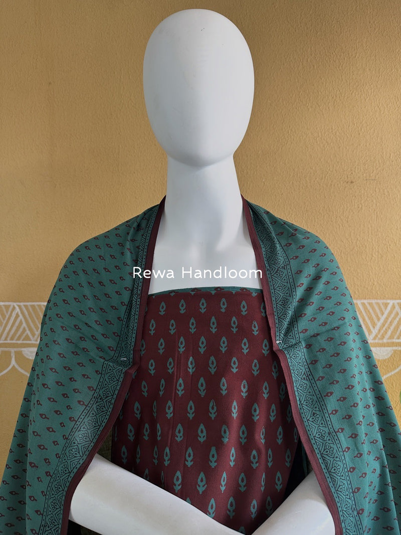 Maroon-Dark Aqua Green Bagh Print Cotton Suit BGCSJ094