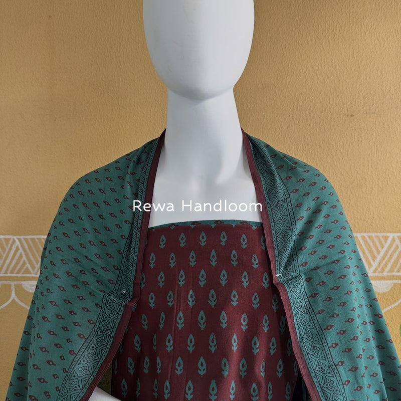 Maroon-Dark Aqua Green Bagh Print Cotton Suit BGCSJ094