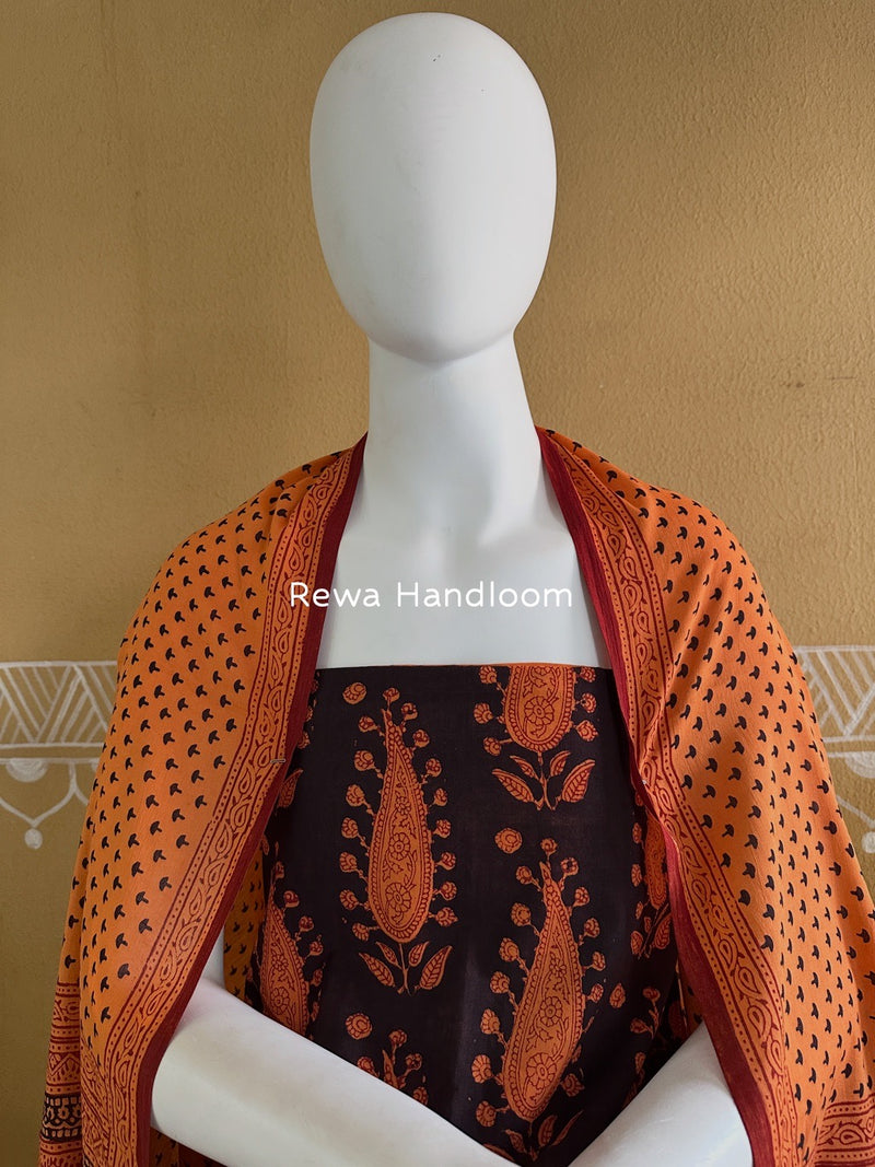 Black-Orange Bagh Print Cotton Suit BGCSJ0103