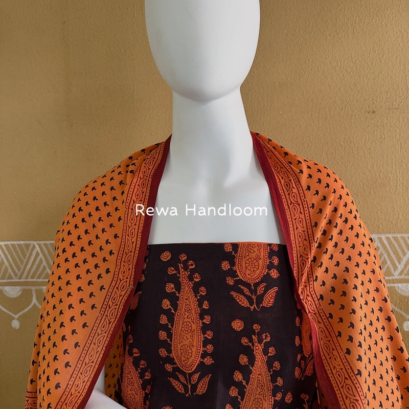 Black-Orange Bagh Print Cotton Suit BGCSJ0103