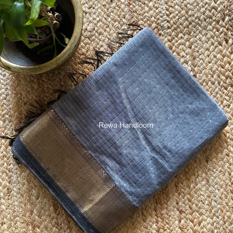Maheshwari Grey Zari Checks Saree ZCHX469