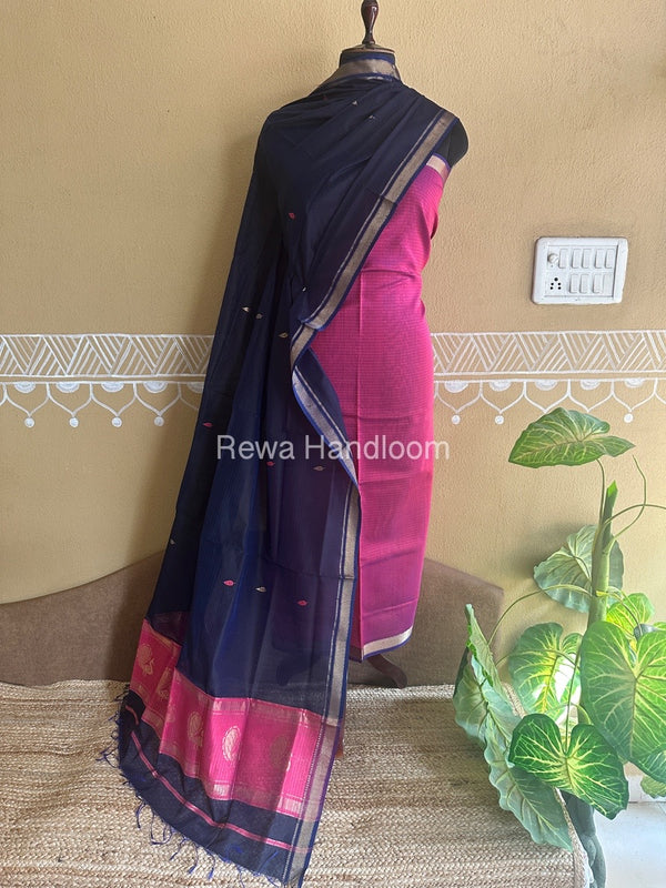 Maheshwari Magenta-Navy Blue Peacock Buta-Buti Top-Dupatta Set BTP0233