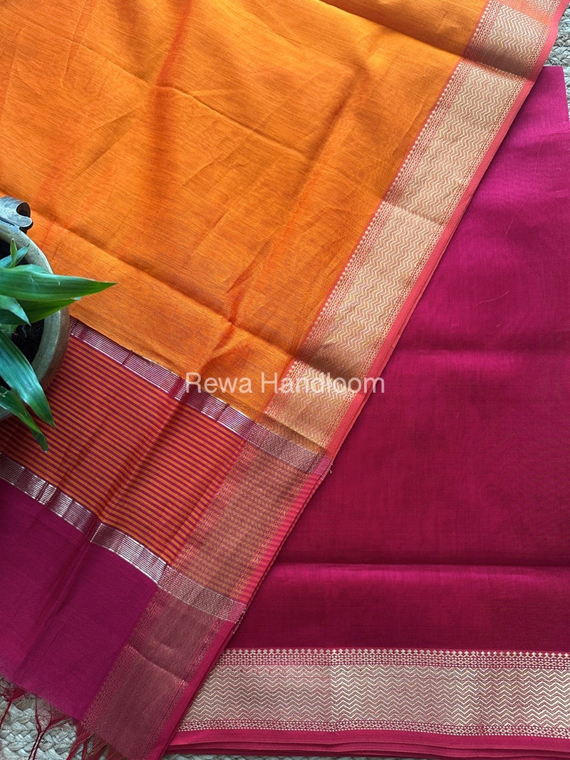 Maheshwari Rani Pink-Orange Zari Border Dress Material BRD033