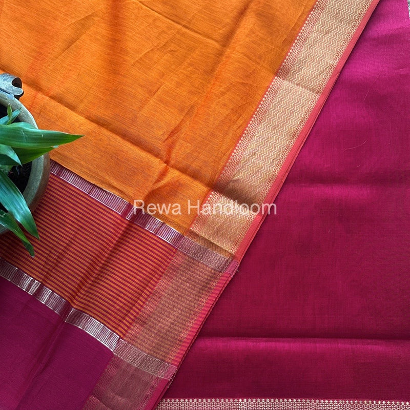 Maheshwari Rani Pink-Orange Zari Border Dress Material BRD033