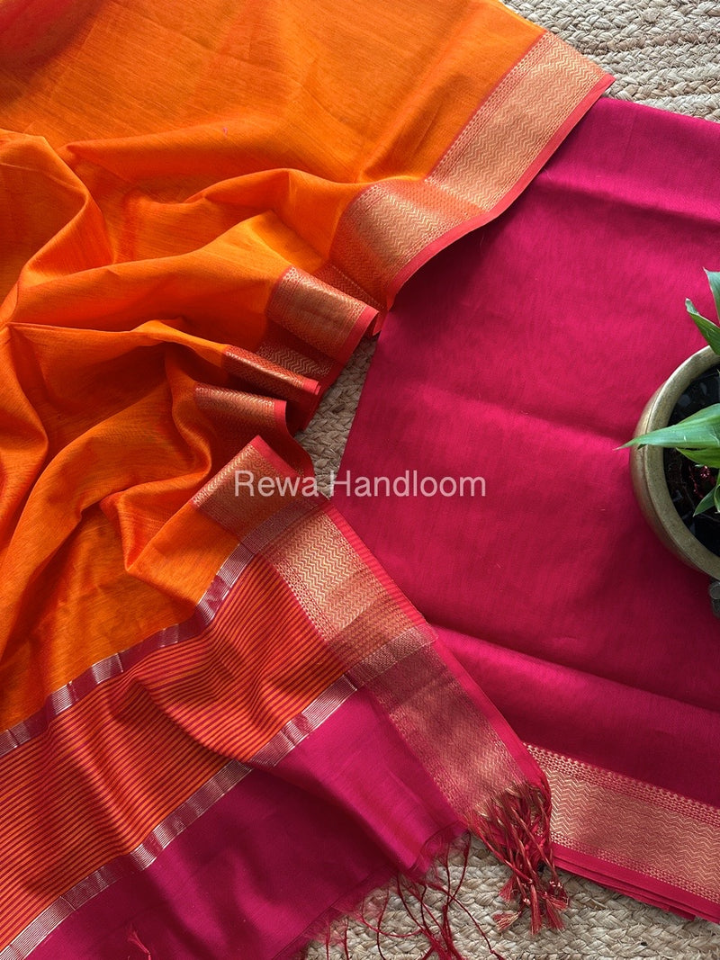 Maheshwari Rani Pink-Orange Zari Border Dress Material BRD033