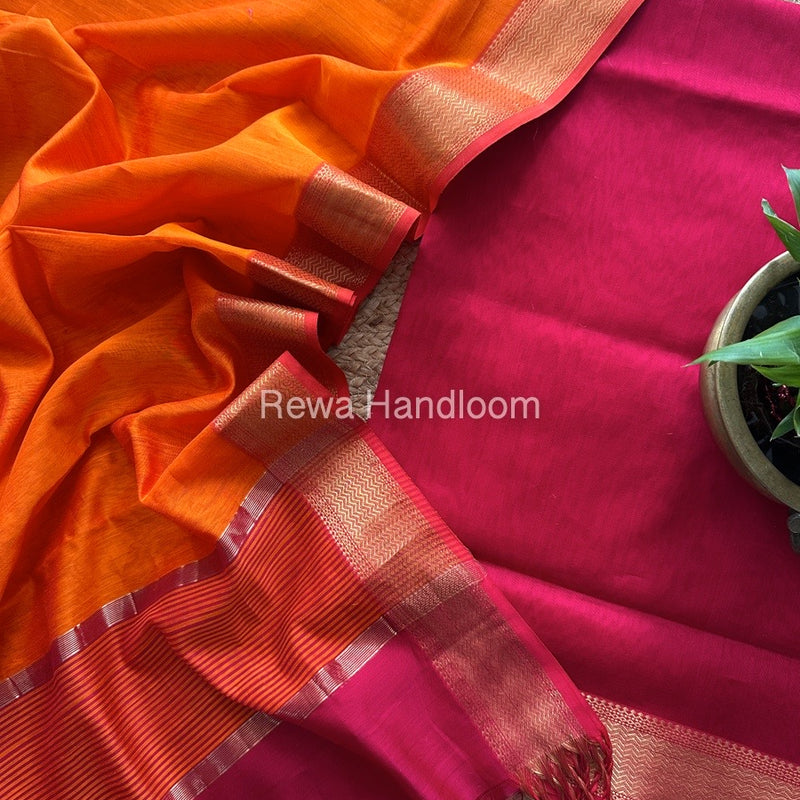 Maheshwari Rani Pink-Orange Zari Border Dress Material BRD033