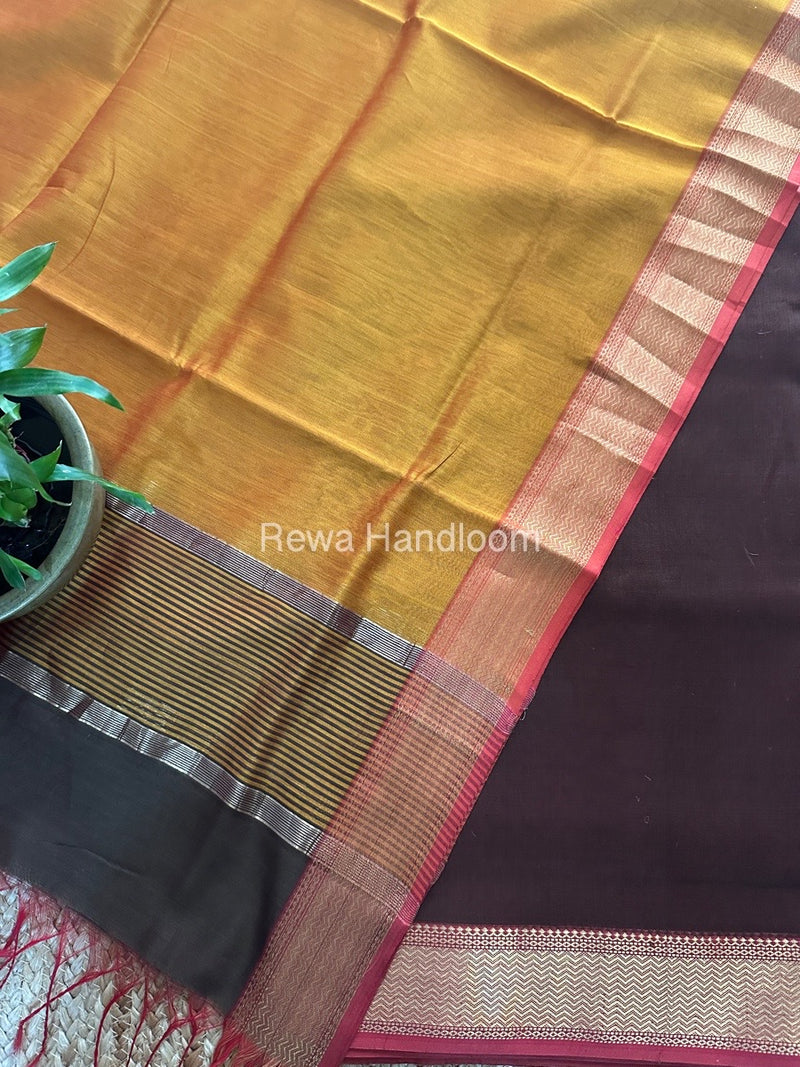 Maheshwari Mustard Yellow-Brown Zari Border Dress Material BRD032