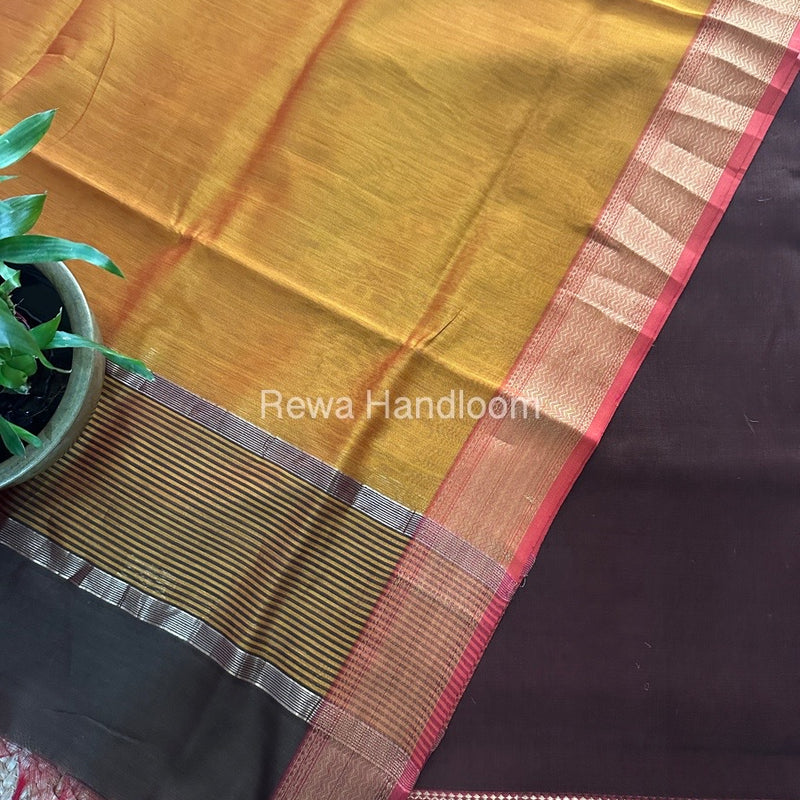 Maheshwari Mustard Yellow-Brown Zari Border Dress Material BRD032