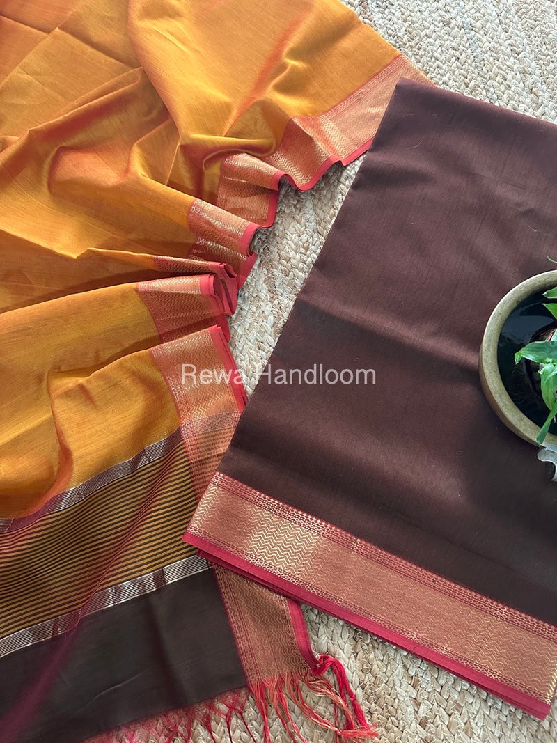 Maheshwari Brown-Mustard Yellow Zari Border Dress Material BRD025